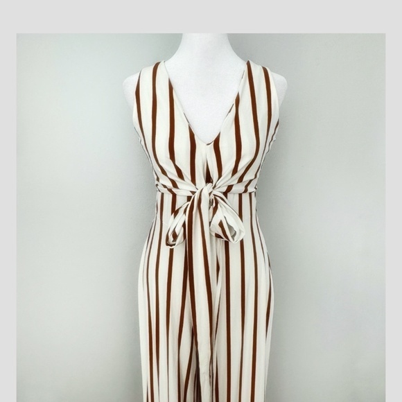 Bershka Anthropologie Jumpsuit Brown White Stripe Convertible Belted Cropped Leg - Picture 10 of 16